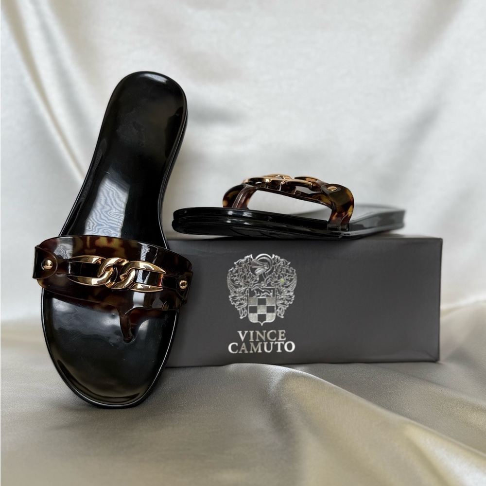 Vince Camuto Black and Gold Slide Sandals. - Picture 2 of 5